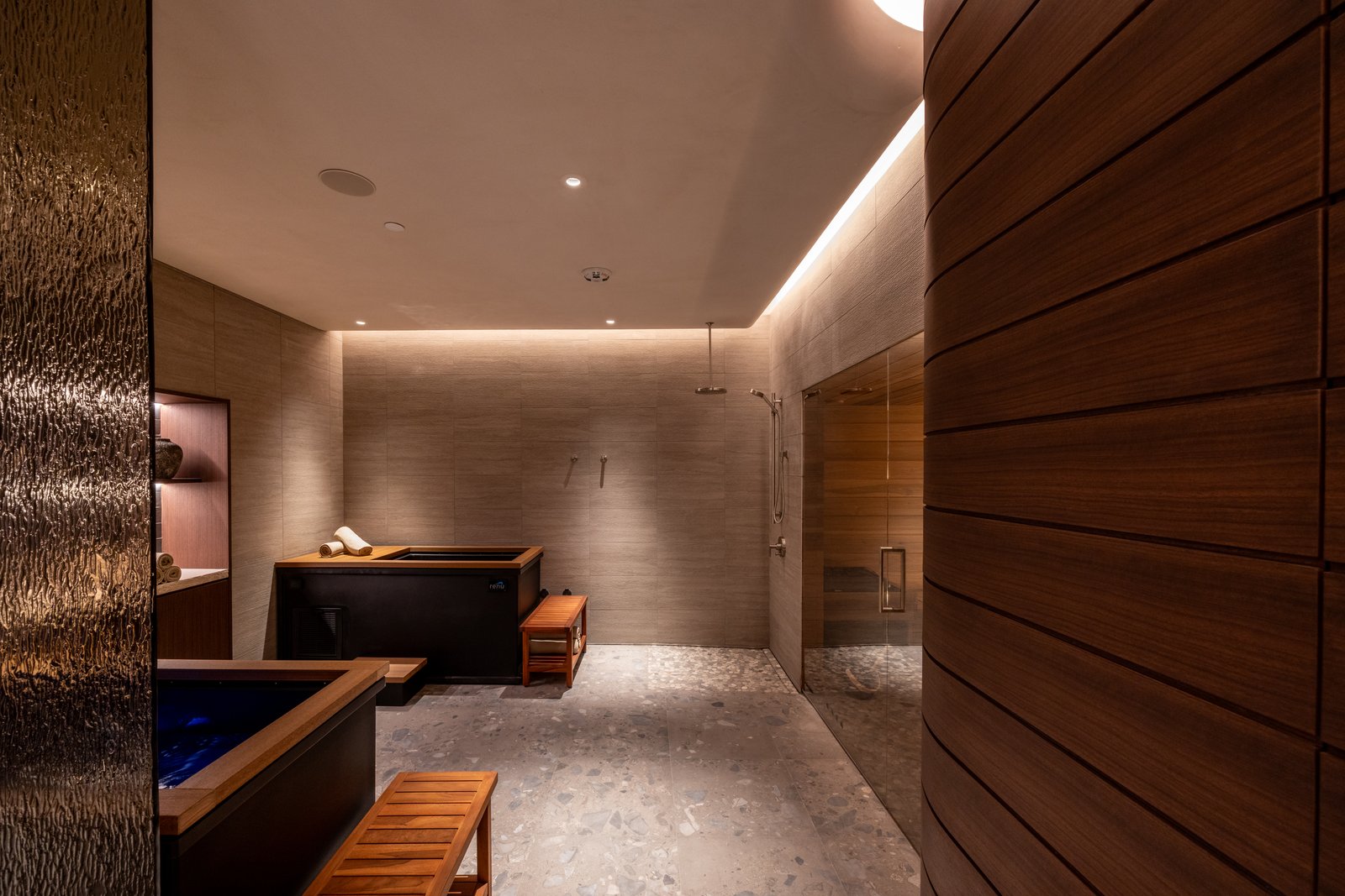 The bluSONIL contrast therapy suite with cold plunge, hot bath, shower, and sauna