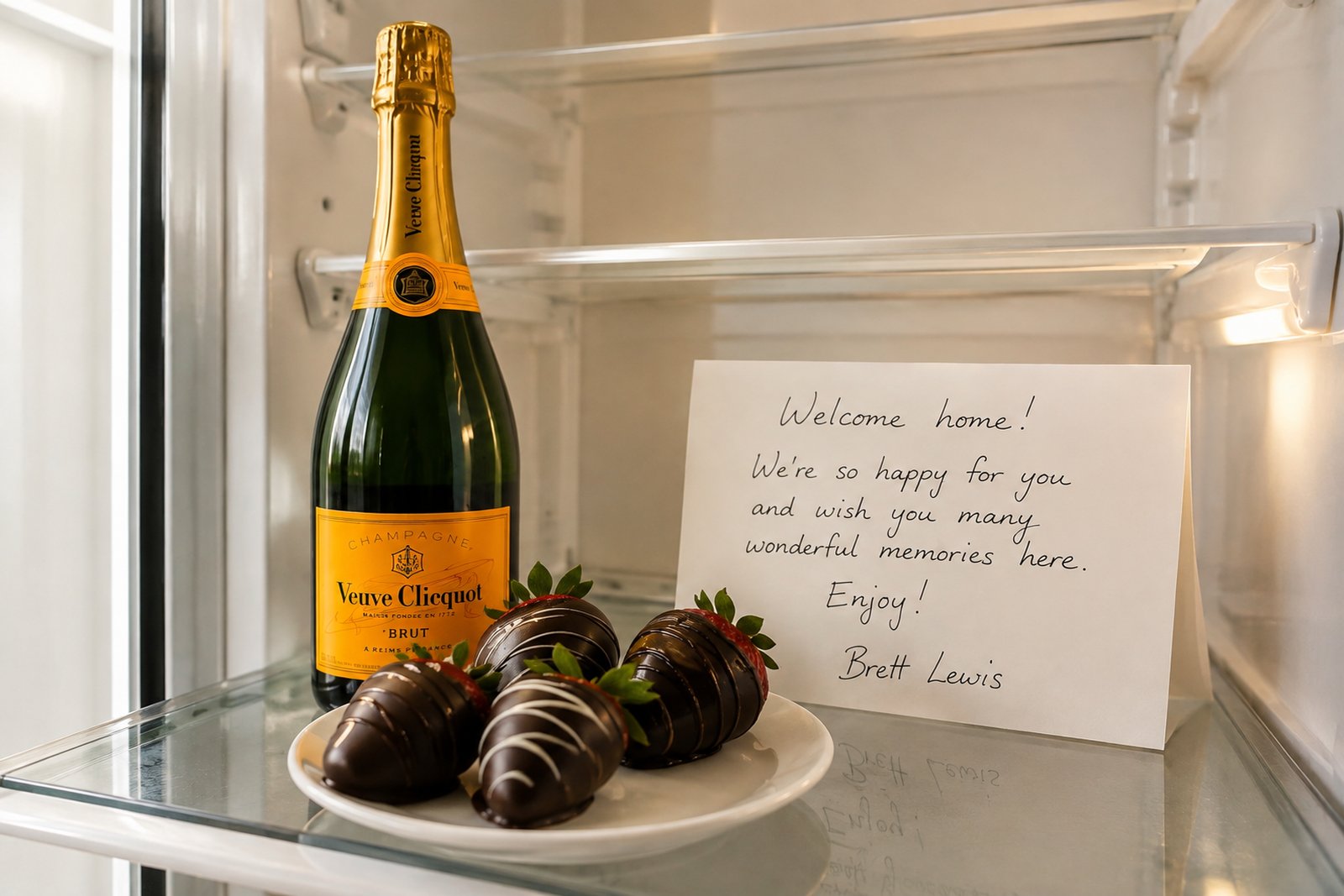 A bottle of champagne, chocolate-covered strawberries, and a handwritten welcome note signed by Brett Lewis on a refrigerator shelf