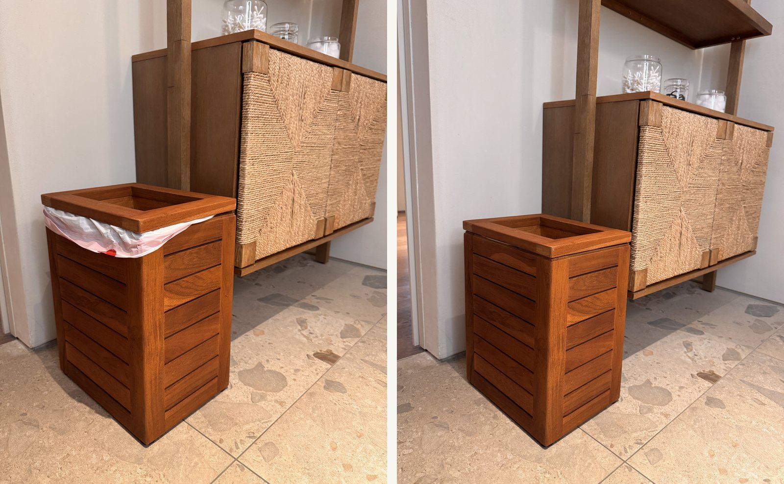 Side by side comparison of a wooden bathroom garbage can, first with the white liner bunched over the rim, then with the liner tucked out of sight