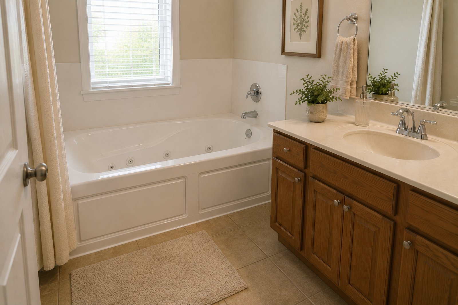 A bathroom in an entry-level home with a jacuzzi bathtub