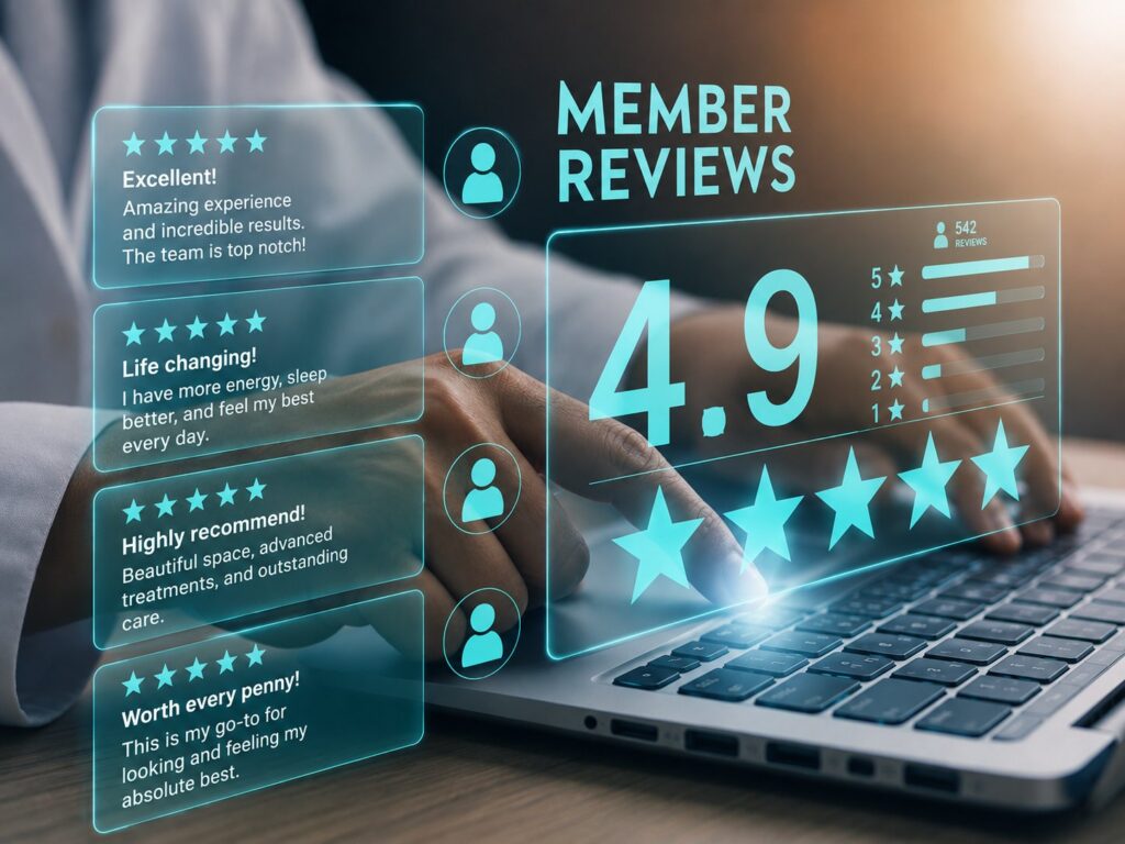 A five star member review dashboard showing a 4.9 rating over a laptop keyboard