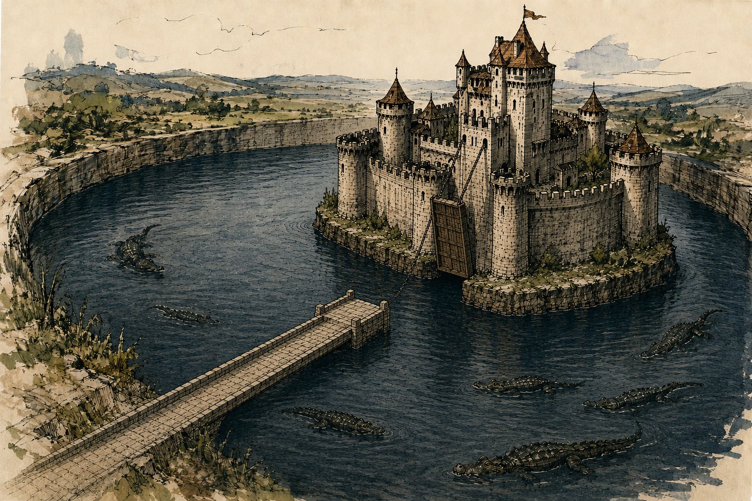 Ink and watercolor illustration of a castle protected by a wide moat full of alligators, with a raised drawbridge and a stone causeway ending short of the gate