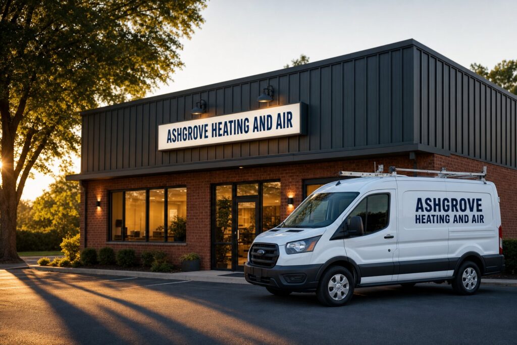 An HVAC contractor's building at golden hour with a lit company sign and a lettered service van parked outside