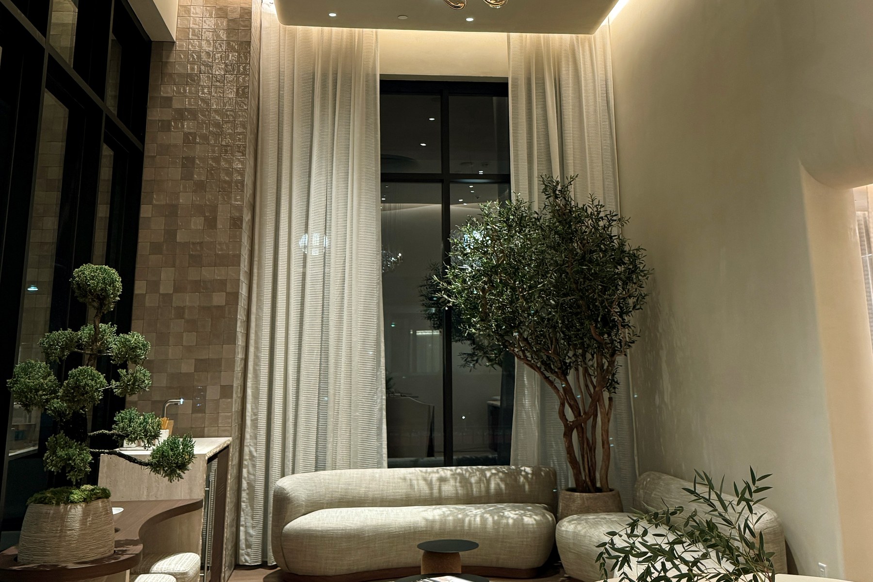 The lounge at the bluSONIL studio in Scottsdale, with a curved sofa, an olive tree and floor to ceiling curtains
