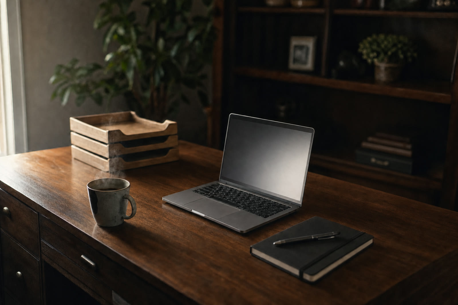 The same desk with the stack gone, three filing trays at the back, an open laptop and fresh coffee