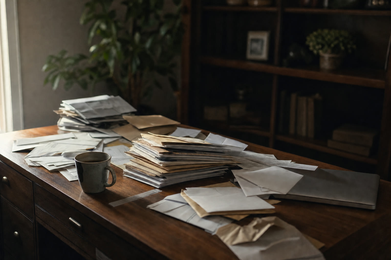 A desk with a thick stack of unopened mail and statements beside a closed laptop and a cold cup of coffee