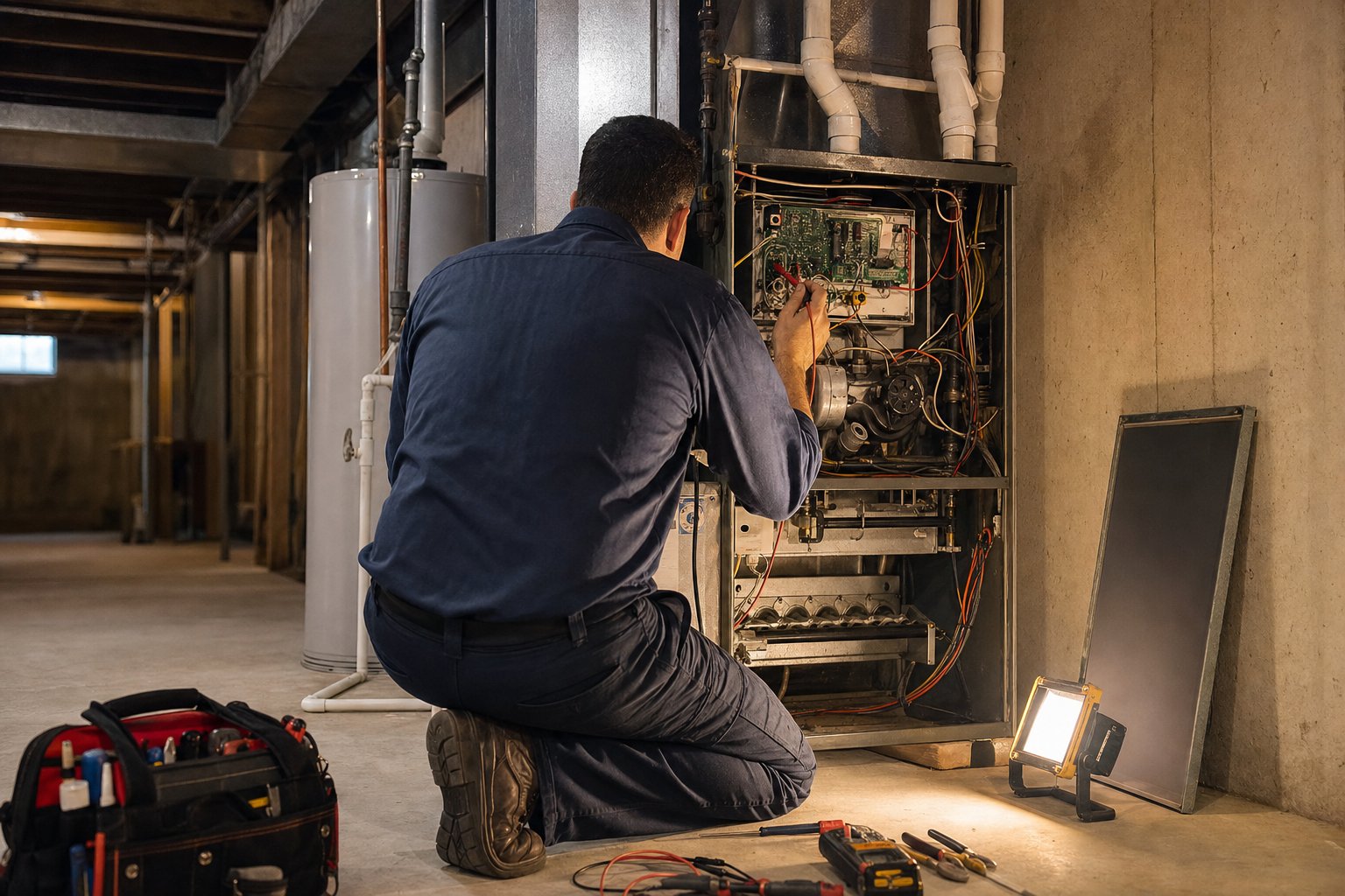 An HVAC technician seen from behind, kneeling to test the control board of a gas furnace in a home basement