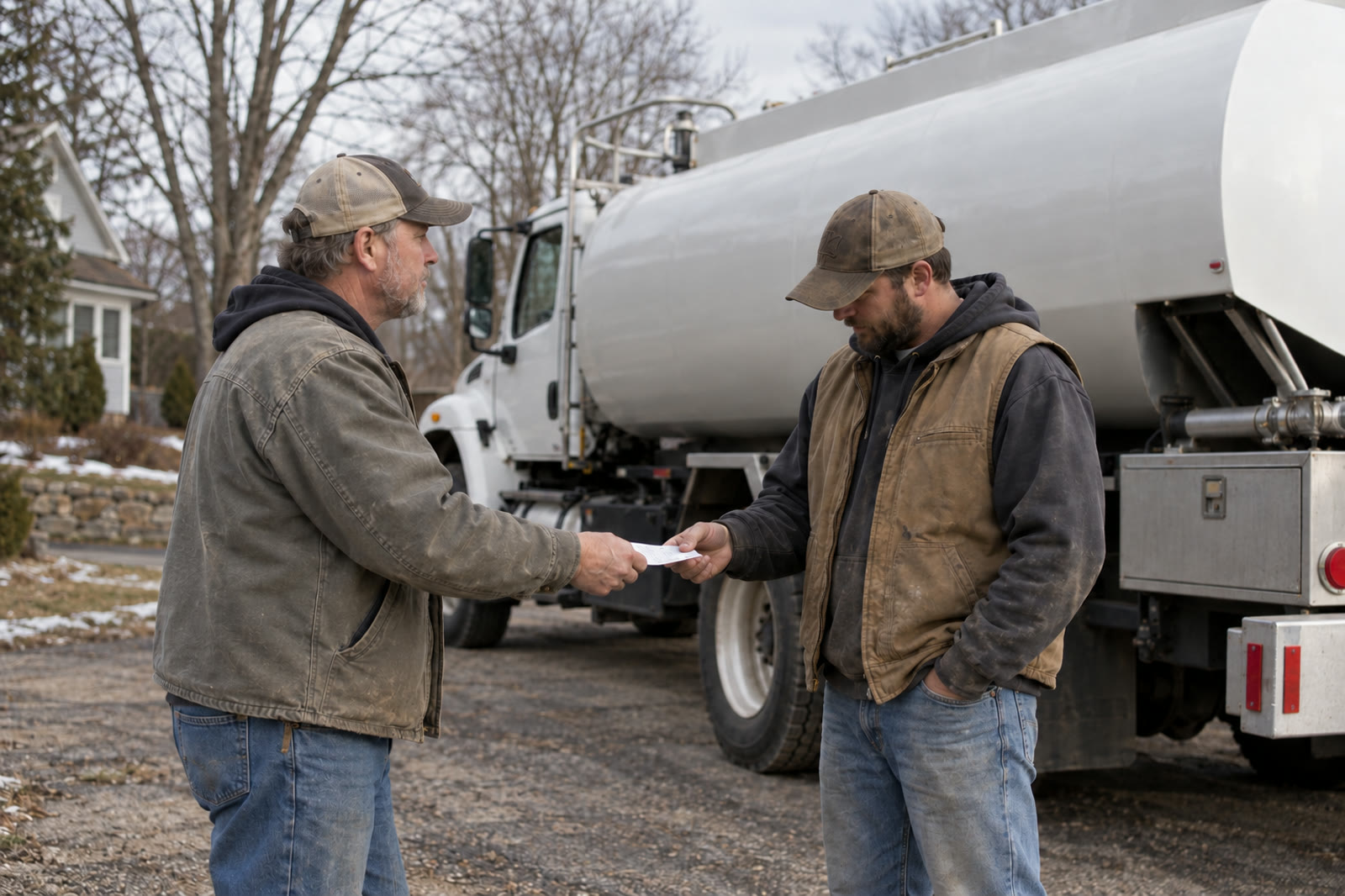 A fuel delivery driver handing paperwork to a customer beside the delivery truck