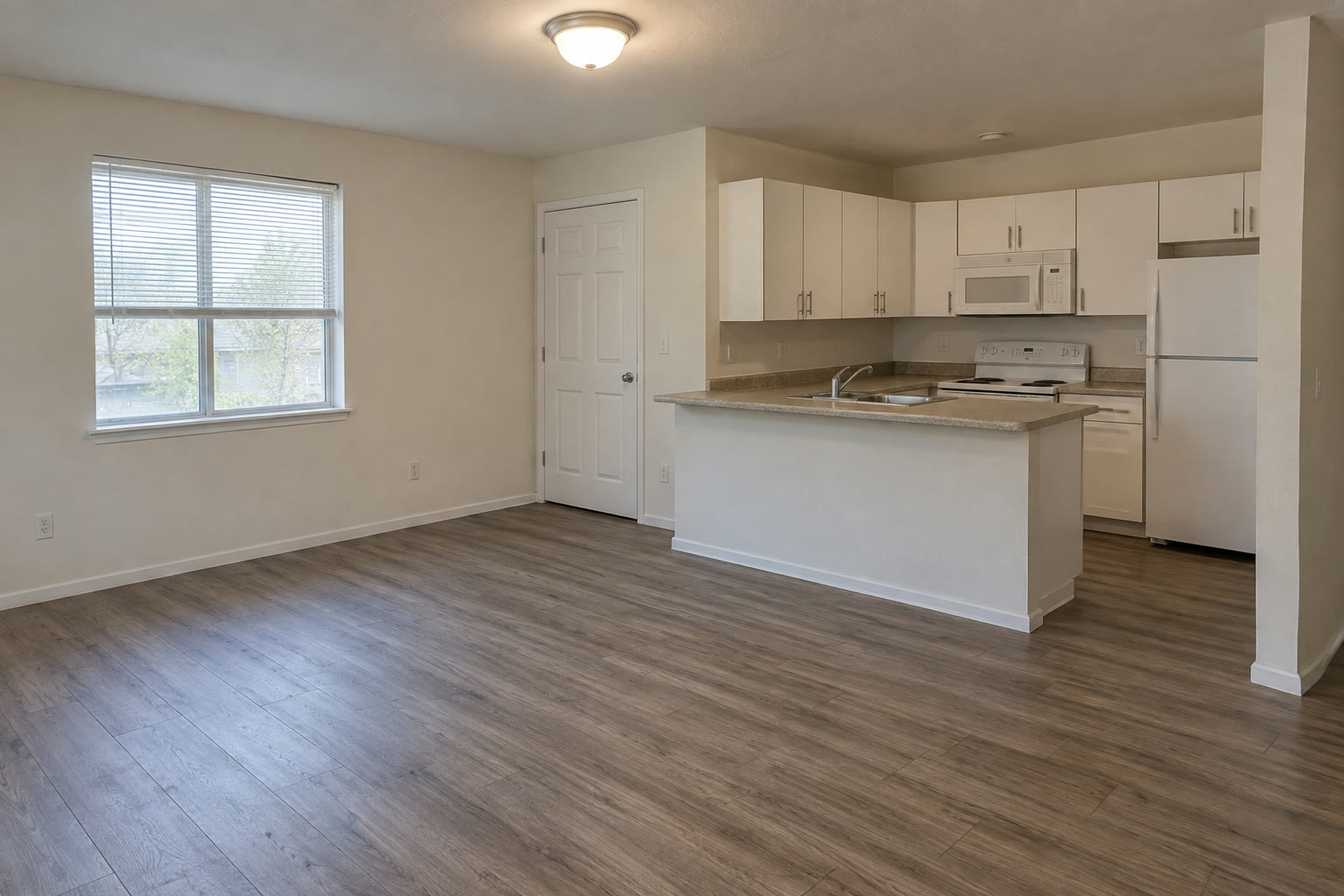 An empty rental apartment after a make ready, with new flooring, a clean kitchen and no furniture